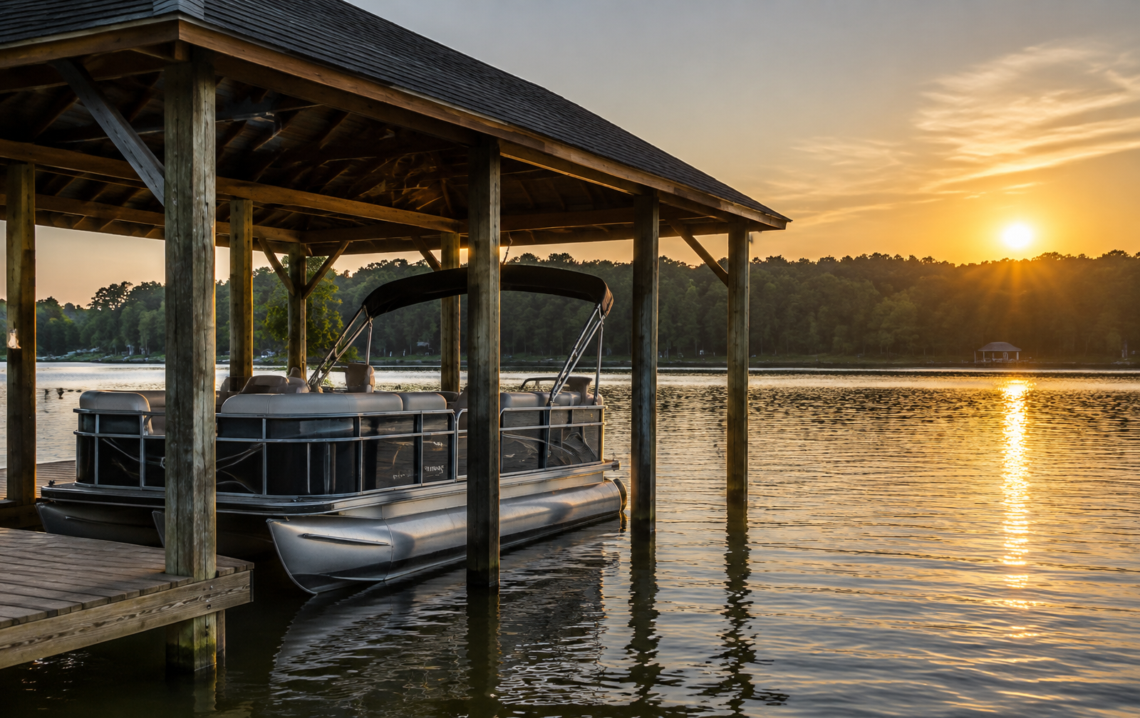 Covered dock with a pontoon boat on a quiet North Carolina lake at golden hour