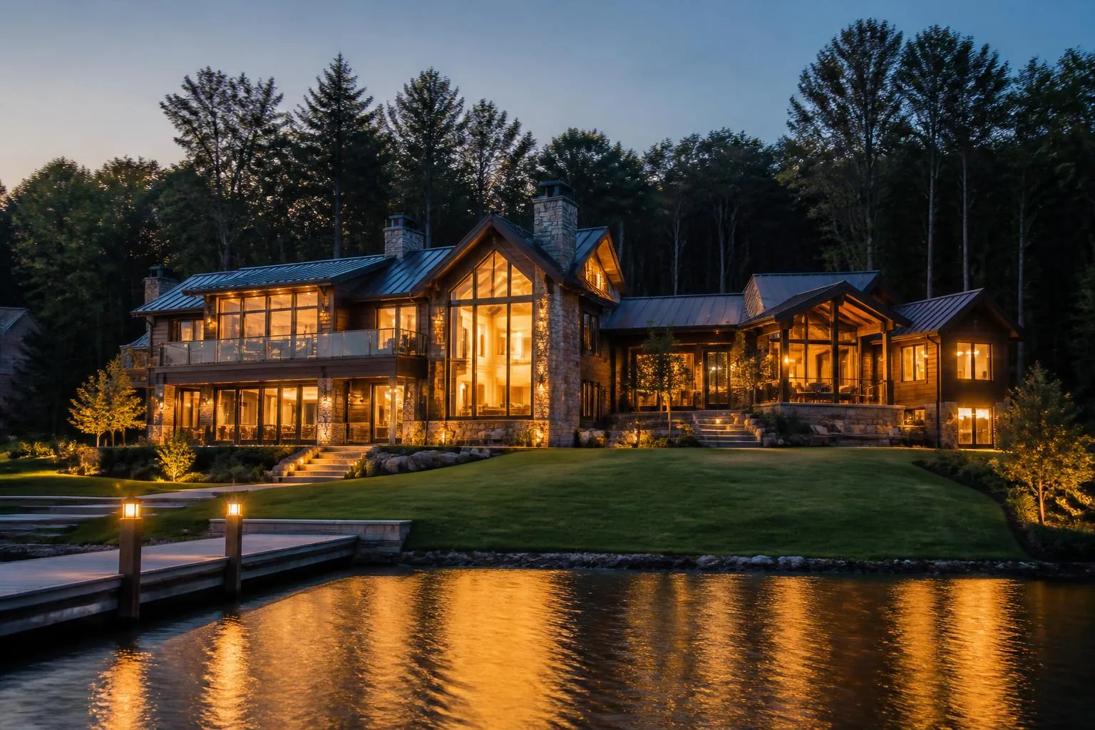 Waterfront estate on Lake Tillery at dusk